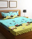 Home Sizzler Polyester 144Tc Kid'S Truck Light Green Double Bedsheet With 2 King Size Pillow Covers