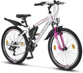 Licorne Guide Mountain Bike - 24 Inch - Shimano 21-Speed Gears, Fork Suspension - Children's Bicycle for Boys and Girls - Frame Bag, girls, white/pink