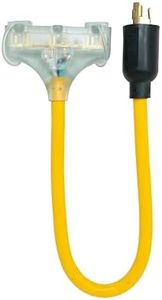 Coleman Cable 09084 2-Foot Generator Power Cord Adapter, 12/3 Splitter 3-Way Adapter, L5-20P to (3) Lighted 5-15R