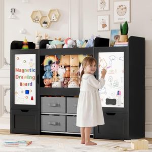 VortinT 61"W Kids Toy Organizer, Bookshelf with 2 Magnetic Drawing Boards, Stuffed Animal Storage, 2 Rolling Drawers, 4 Fabric Bins, Large Kids Wooden Toddler Storage for Playroom, Nursery