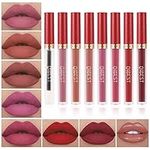 8pcs Matte Liquid Lipstick with Lip Plumper Makeup Set Velvety Long Lasting High Pigmented Nude Waterproof Lip Gloss Kit Girls Women Make Up Gift Set