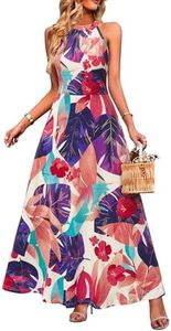STYLEWORD Women's Summer 2026 Maxi Dress Floral Halter Neck Sexy Party Wedding Guest Long Semi Formal Dress(White Colorful Leaf,XXL)