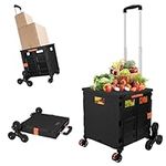 FELICON SELORSS Folding Utility Cart Portable Rolling Crate Handcart with Stair Climbing Wheels&360°Swivel Wheels Telescoping Handle Plastic Box Dolly for Travel Shop Move Office Teacher Use(Black)