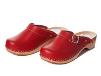 PAFOLI Women Leather Clogs - Swedish Handmade Red Wooden Sole Sandals - Ladies Shoes with Strap - Available in (6 UK, Red)