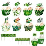 58 Pcs St Patrick's Day Cupcake Toppers and Wrappers, St. Patrick's Day Cupcake Toppers Decorations with Small Cupcake Flag, Irish-Themed Cake Decor for Party Favor Supplies