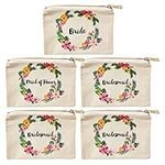 Set of 5 Floral Bridesmaid Makeup Bag Gifts for Wedding Day, Bridal Shower, Bachelorette Party Favors (7 x 4 Inches)