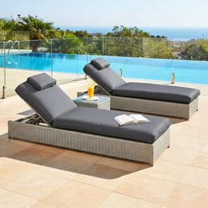 DEVOKO Outdoor Patio Loungers with Table Set HDPE Wicker Water-Resistant Cushions UV-Resistant Furniture Strong Durable Frame for Poolside, Garden (Silver & Dark Gray)