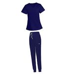 Baoblaze Female Scrub Set, Durable Short Sleeves v Neckline Top and Pants Work Clothing (L, Dark Blue)