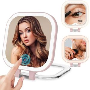 iontech Vanity Mirror with Lights,1x/10x Magnifying Glass,2500mAh Battery Double Sided Vanity Mirror,7in Makeup Mirror with 3 Color Light,Brightness Adjustment Memory,Folding Stand (Pink)