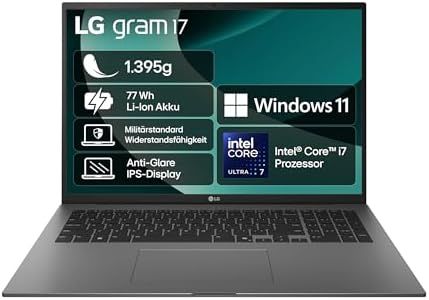 LG gram 17 17Z90TL-G.AU8BG (17 Zoll) IPS Notebook, Intel Core Ultra 7 258V, 32GB RAM, 2TB SSD, Intel Arc™ Graphics 140V, federleicht (1,389 kg), gram AI, Copilot+ PC, 77 Wh, Thunderbolt 4, Schwarz