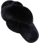 Comwarm Women's Cross Band Fuzzy Slippers Fluffy Open Toe House Slippers Cozy Plush Bedroom Shoes Indoor Outdoor, Black, 5-6.5