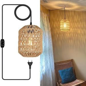 Vintage Dimmable Pendant Lamp with Plug, Rattan Pendant Light with E27 Lamp Socket, Boho Lamp, Rattan Lampshade, Hanging Light, Dining Table Lamp, Rustic with 450 cm Cable for Bedroom, Hallway, Foyer, Diameter 18 cm