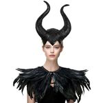 Halloween Costume for Women, Evil Queen Horns with Feather Shawl, Black Long Horns Headpiece Cape Wtich Costume Accessory