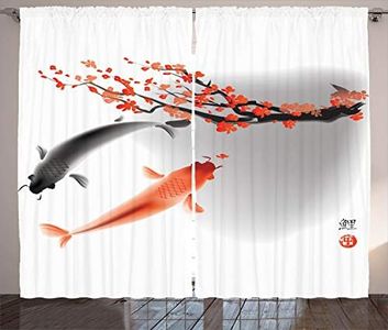 Ambesonne Japanese Curtains, Koi Carp Fish Couple Swimming Cherry Blossom Sakura Branch Culture Design, Living Room Bedroom Window Drapes 2 Panel Set, 108" X 96", Orange Grey