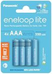 eneloop Lite, AAA/Micro, Rechargeable Battery, Pack of 4, Capacity of 550 mAh, Ready-to-Use Ni-MH Batteries, 3000 Recharge Cycles, Plastic Free Packaging, Lite, Blue, Ideal for Dect Phones