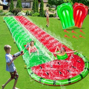 [ 3 Sided Safe Fence ] Watermelon Lawn Water Slides with 2 Bodyboards for Kids Adults, Heavy Duty Water Toys Sprinkler 2 Race Lane Outdoor Summer Beach Swimming Pool Water Game Party, 20 x 5.6 ft