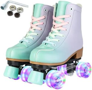 XUDREZ Patines de ruedas para niñas y mujeres, patines Derby para adultos, con luz de doble fila, ajustables, patines de poliuretano para niños principiantes al aire libre (rueda intermitente verde