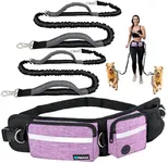PetAmi Hands Free Dog Leash, Running Leash Belt Bag for Walking, Jogging, Waist Double Zipper Pouch with Poop Dispenser, Dual Padded Handles Reflective Bungee Double, Purple, 2 Leashes