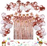 Rose Gold Birthday Decorations, 74pcs Rose Gold White Balloons with Rosegold Confetti Balloons Curtain & Happy Birthday Banner for Girls Women Birthday Party Wedding Baby Shower
