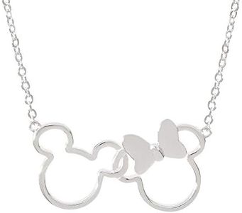 Disney Jewelry for Women and Girls, Mickey and Minnie Mouse Silver Plated Silhouette Pendant Necklace, 18" Chain Mickey's 90th Birthday Anniversary