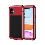 Lanhiem for iPhone 11 Case, Heavy Duty Shockproof Tough Armour Metal Case with [Tempered Glass Screen Film], 360 Full Body Protective Case Cover for iPhone 11 -Red