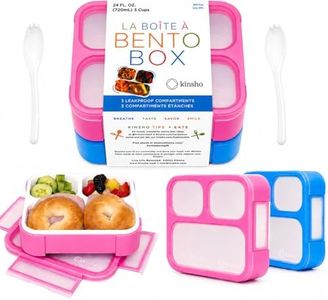 kinsho Bento Box for Kids, Toddler Lunch-Box for Small Boys Girls in School Or Daycare, Leakproof 3 Compartment Containers for Portion Control Snacks for Adults, Bpa Free. Medium Blue Pink 2 Pack