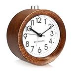 Navaris Analogue Wood Alarm Clock - Retro Table Clock with Round Design Snooze Function and Clock Face Alarm Light - Natural Wood in Dark Brown