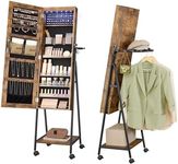 SONGMICS 6 LEDs Lockable Mirror Jewelry Cabinet,Organizer, Standing Jewelry Armoire with 4 Wheels, Mirror with Jewelry Storage, Coat Rack, Shelf, Rustic Brown and Black UJJC005X01