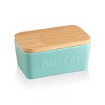 Sweejar Porcelain Butter Dish with Lid, Airtight Large Butter Keeper with Wooden Lid, Butter Container Perfect for 2 Sticks of Butter West or East Coast Butter(Turquoise)