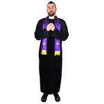 Mens Priest Costume - Medium - Black Robe and Purple Clerical Scarf - Adults Halloween Fancy Dress Costume