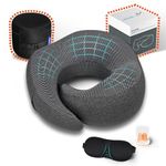 MULIHOMI New Packaging Upgraded Travel Pillow for Airplane with 100% Memory Foam, 360° Adjustable Full Surrounding Flying Neck Pillows, Travel Pillow Set with 3D Eye Masks, Earplugs (Black)