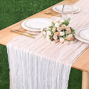 TuTive 13.3FT Cheesecloth Table Runner Transparent Boho Table Runner Rustic Gauze Wedding Dining Table Decorations for Holiday Birthday Party Baby Shower Event Decorations (White,35x160 Inch)