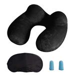 LUZWAY Inflatable Travel Pillow Neck Pillow Kits Ergonomic Soft Velvet Washable Pillowcase with Ear Plug and Eye Mask, Lightweight Sleeping Rest Cushion for Airplane, Car, and Train（Black）