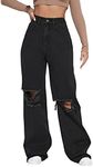 SweatyRocks Women's Casual Loose Ripped Denim Pants Distressed Wide Leg Jeans Solid Pure Black XS