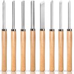 Hanpex 8 Piece Heavy Duty Wood Turning Chisel Set, Lathe Chisel Cutting Tools, (3) Gouge (1) Round Nose (1) Spear Point (2) Skew and (1) Parting Tools for Beginner to Professional