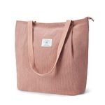 KALIDI Waterproof Corduroy Tote Bag with Zipper Casual Hobo Shoulder Bag Handbag Large Capacity Cord Tote Bag Women Shopping Bag for School Work College Daily Use,Pink