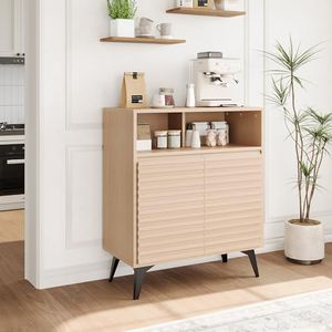 GarveeHome Fluted Storage Cabinet, Farmhouse 4-Tier Buffet Sideboard with Metal Legs and Adjustable Shelves for Living Room, Kitchen, or Entryway
