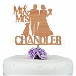 Wooden Bride and Groom and Dog Cake Topper - PERSONALISED Acrylic Silhouette Wedding Cake Topper - Mr & Mrs Cake Decoration - ANY Surname Cake Topper - Rustic Wood Wedding Topper - Anniversary