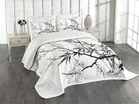 Lunarable Modern Bedspread, Japanese Cherry Blossoms Tree Branches Flowers Leaves Image Print, Decorative Quilted 3 Piece Coverlet Set with 2 Pillow Shams, Queen Size, Off White Grey