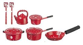 Melody Jane Dolls House Red Spot Saucepan Pan Set & Kettle Kitchen Accessory