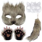 Litdevil Therian Mask and Tail Set Cosplay Furry Animal Mask Fox Mask Wolf Mask and 2pcs White Paper Cat Mask Therian for DIY