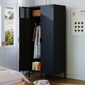 COFaR Metal Wardrobe Cabinet with Hanging Rod, 71 inches Tall Bedroom Armoire Wardrobe Closet for Home, Office, Garage, Laundry Room Black