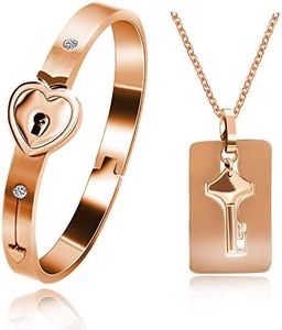 His and Hers Love Heart Key Lock Matching Bangle Bracelet & Pendant Necklace, Rose Gold Plated Couples Jewelry (2.4inch-Rose Gold)