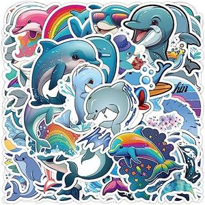 Popeoiuh 50pcs Dolphin Sticker Pack- Cute Dolphin Decals for Kids Teens Students Phone Laptop Skateboard Luggage Guitar Water Bottles Vinyl Waterproof Dolphin Themed Cartoon Sticker DIY Decoration