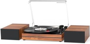 seasonlife Record Player for Vinyl with External Speakers, Belt-Drive Turntable Dual Stereo Speakers Vintage LP Support 3 Speed Wireless AUX Headphone Input Auto Stop Music Lover Walnut Red (S612)