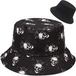 Malaxlx Skull Print Black Bucket Hat Beach Sun Hat Summer Fishing Hat for Women Teens, Reversible Double-Side Wear