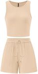 PRETTYGARDEN Womens 2 Piece Summer Outfits 2025 Casual Lounge Matching Sets Ribbed Knit Sleeveless Tank Tops and Shorts(Apricot,XX-Large)