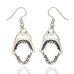 RechicGu Vintage Silver Shark Hinged Moveable Tooth Jaws Skull Hell Demon Mouth Dangle Earrings Fancy Dress