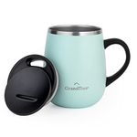 GrandTies Insulated Coffee Mug with Handle - Sliding Lid, Splash-Proof 16oz Wine-Glass Shape Thermal Tumbler, Double Walled Vacuum Stainless Steel to Keeps Beverages Hot or Cold (Powder Green)