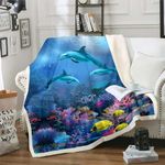 Underwater Oasis Blanket Throw, Dolphin Under The Sea Coral Fish Anemone Deep Ocean Fantasy Bubble Fleece Blanket, Decorative Sofa Sherpa Blanket Ultra Soft, Queen 90"x90", Blue Purple